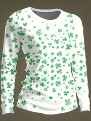  Shamrock All Over Print Long Sleeve Shirt White St Patrick's Day Clover Clothing Gift For Her - TradiViet
