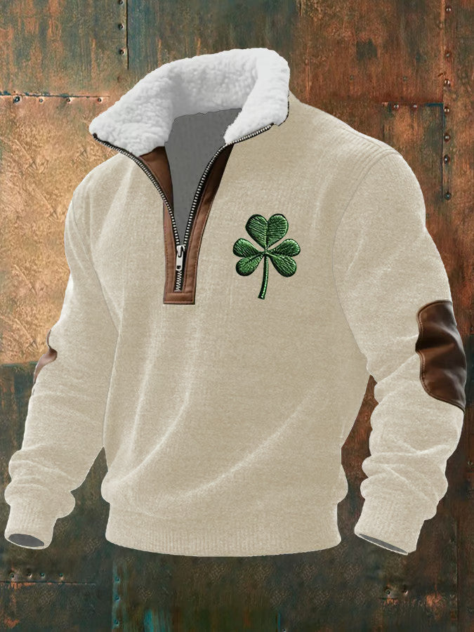  Shamrock Irish Saint Patrick's Day Zipper Fur Collar Sweatshirt Irish Party Gifts - TradiViet