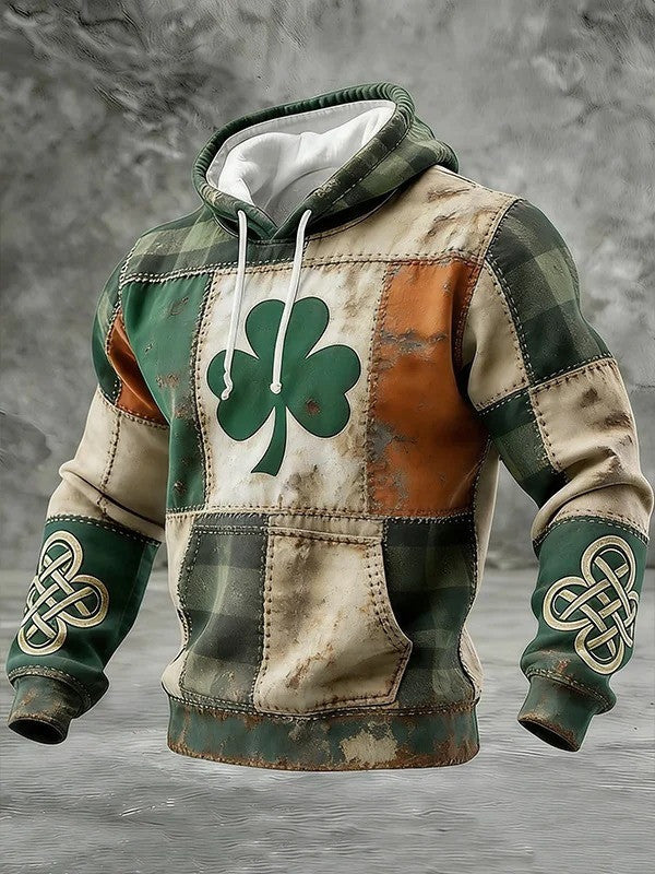 Shamrock Patchwork Vintage Hoodie Celtic Knot St Patrick's Day Men's Apparel Best Gifts - Lilybirchmarket