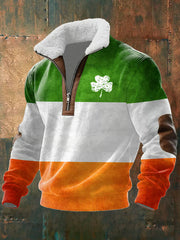  Shamrock Saint Patrick's Day Zipper Fur Collar Sweatshirt Irish Flag Apparel Men's - TradiViet