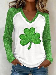  Shamrock St Patrick Long Sleeve V-Neck T-Shirt Irish Pride Shamrock Shirts St Paddy's Day Gifts - TradiViet