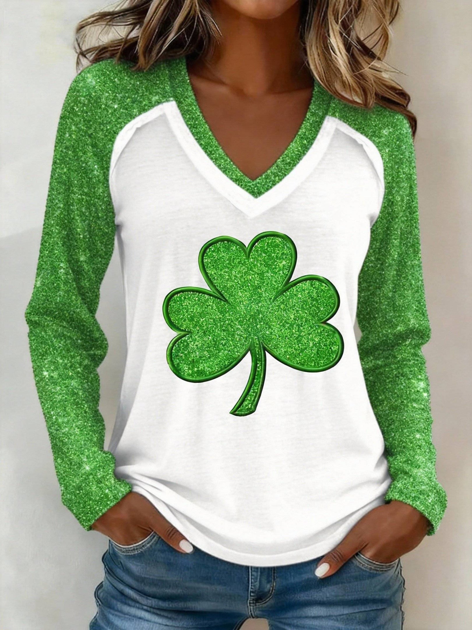  Shamrock St Patrick Long Sleeve V-Neck T-Shirt Irish Pride Shamrock Shirts St Paddy's Day Gifts - TradiViet