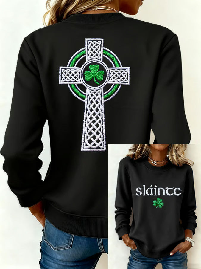 Slainte Cross Shamrock Lucky Black Sweatshirt Happy St Patrick's Day Gifts For Women - TradiViet