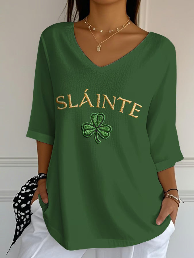  Slainte Shamrock V-Neck T-Shirt St Patrick's Day Women's Apparel St Paddy's Day Gifts - TradiViet