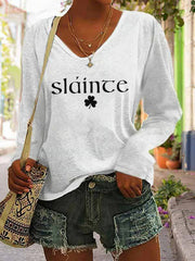  Slainte St Patrick's Day Long Sleeve V-Neck T-Shirt Saint Patricks Day Shirts Best Gift For Her - TradiViet