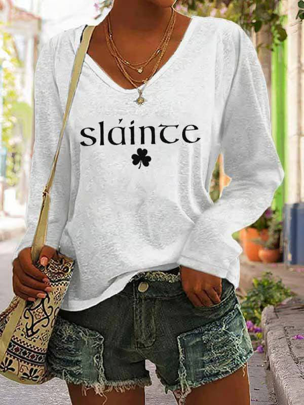  Slainte St Patrick's Day Long Sleeve V-Neck T-Shirt Saint Patricks Day Shirts Best Gift For Her - TradiViet