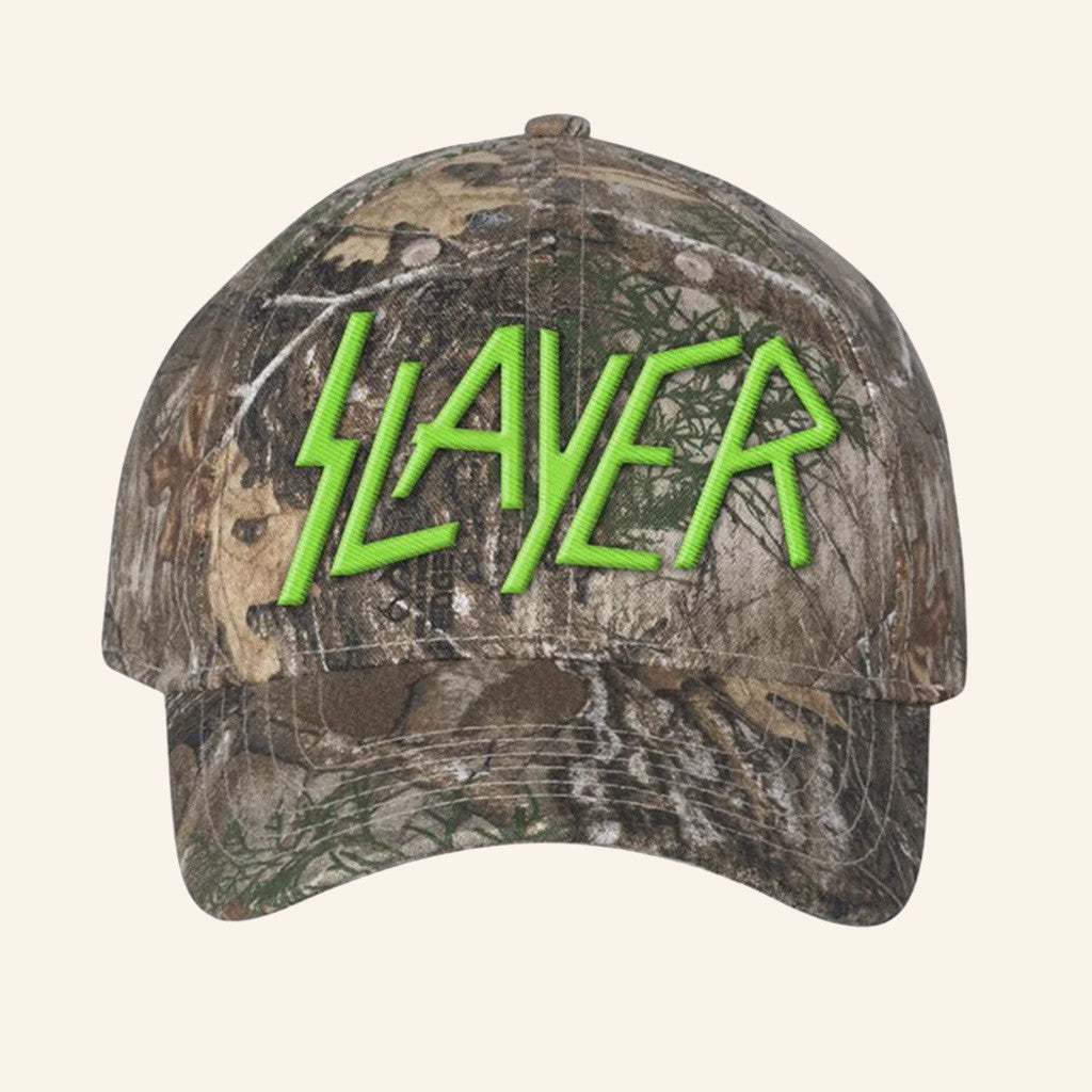 Slayer Merch Green Embroidered Logo Camo Hat Best Gifts For Music Lovers - Lilybirchmarket