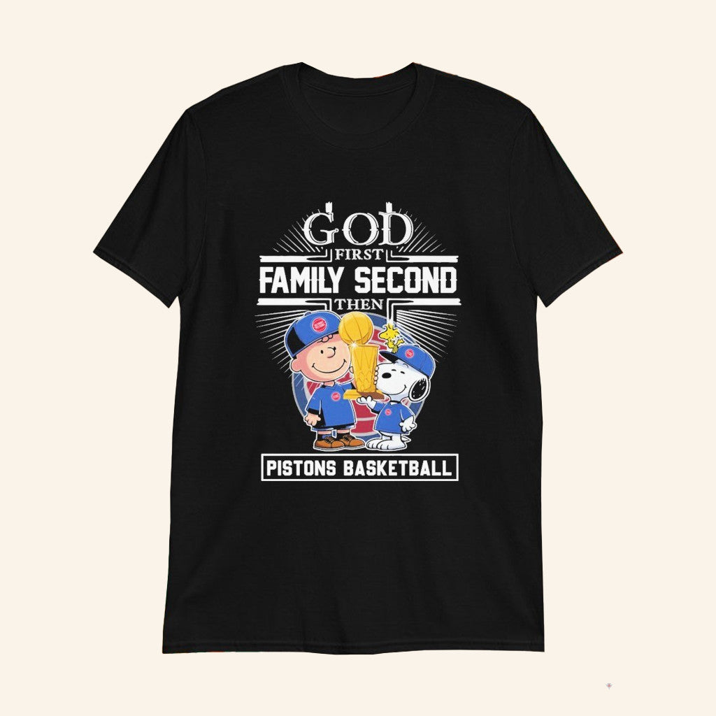 Snoopy And Charlie Brown God First Family Second Then Detroit Basketball Trophy T-Shirt Gifts - Lily Birch Market