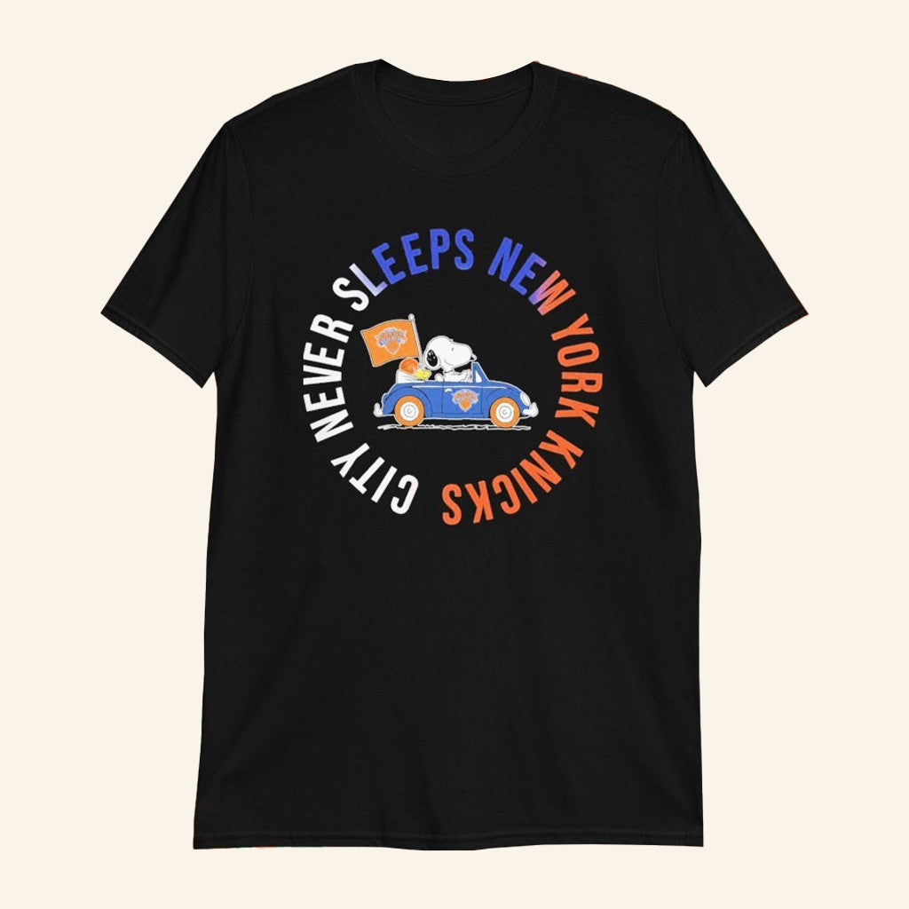Snoopy And Woodstock Driving Car New York Knicks Never Sleeps T-Shirt Gifts For Fans - Lily Birch Market