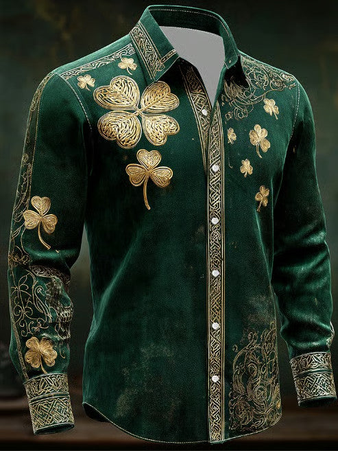  St Patrick's Day Celtic Cross Intricate Floral Long Sleeve Button Up Shirt St Patrick's Apparel - TradiViet