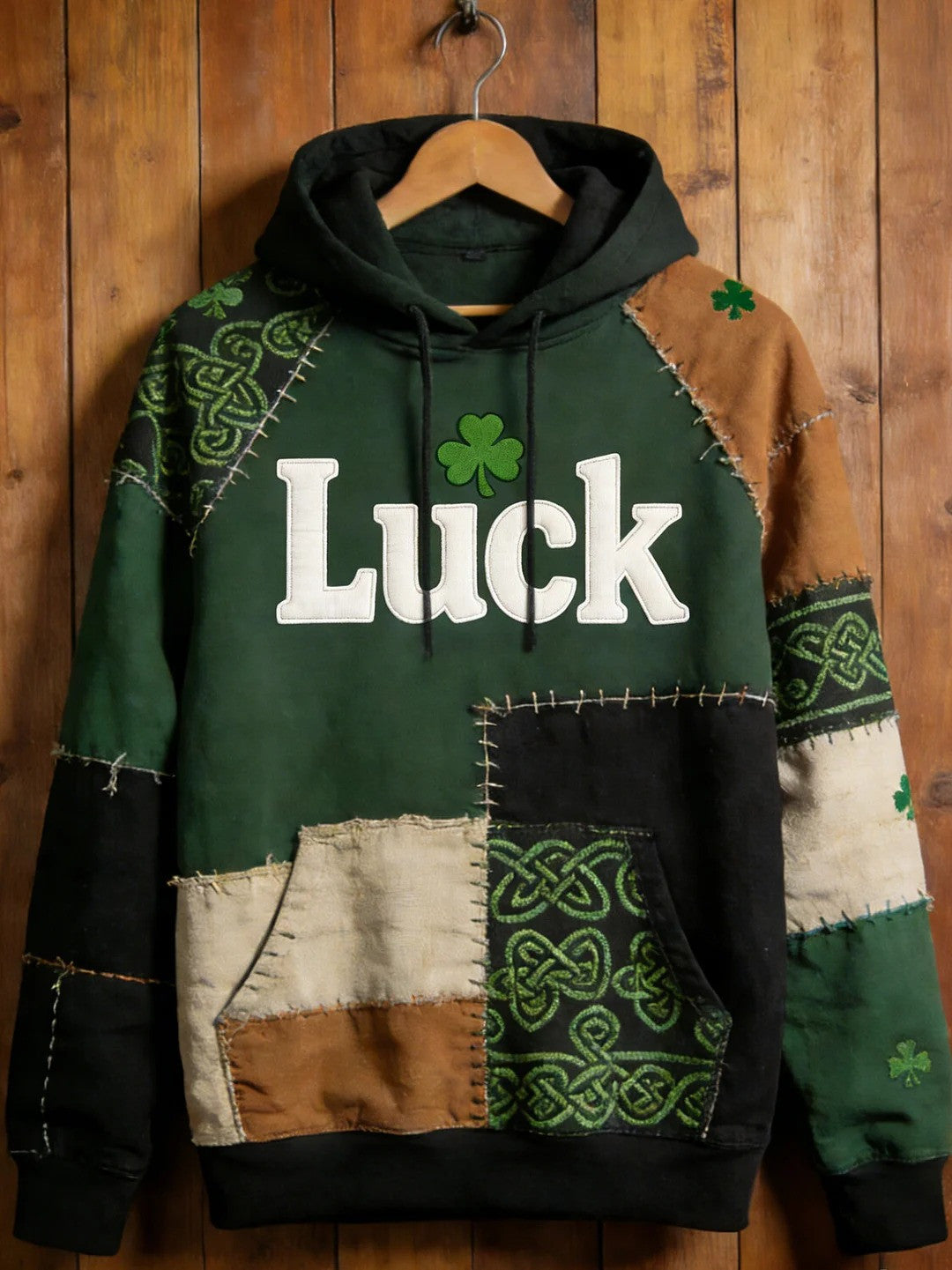St Patricks Day Celtic Knot Lucky Shamrock Patchwork Graphic Hoodie Irish Gift For Men - Lilybirchmarket
