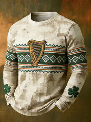  St. Patrick's Day Celtic Pullover with Clover Harp Print Long Sleeve T Shirt Lucky Irish Gifts - TradiViet