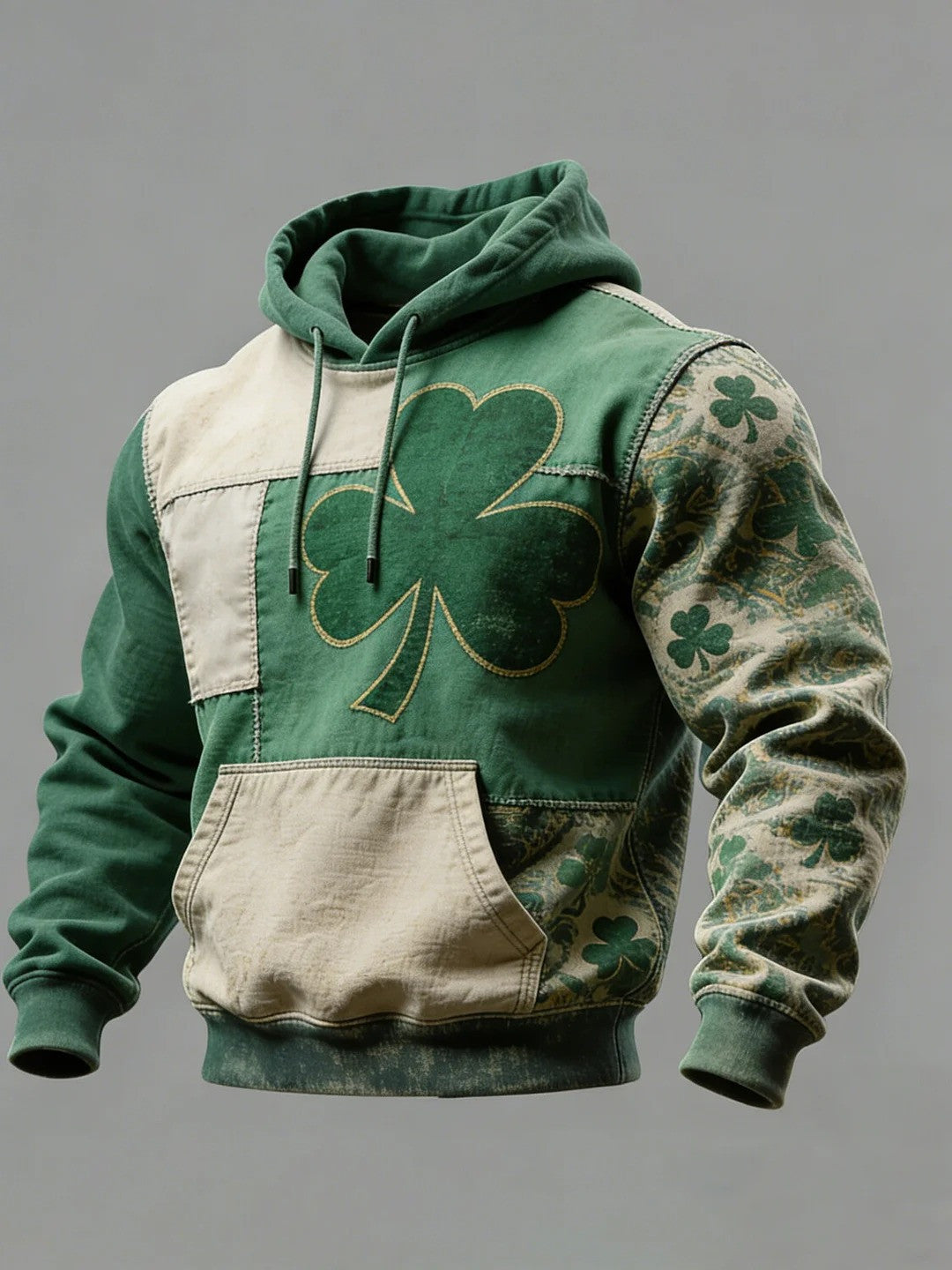 St Patricks Day Clover Colorblock Patchwork Graphic Pocket Hoodie Irish Gift For Men - Lilybirchmarket