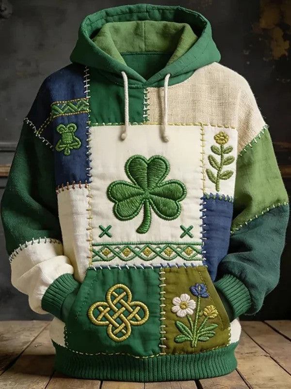 St Patricks Day Clover Flower Colorblock Graphic Hoodie Irish Shamrock Best Gift For Men - Lilybirchmarket