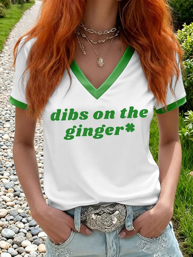  St Patrick's Day Dibs On The Ginger V-Neck T-Shirt Funny St Patrick's Day Shamrock Shirt - TradiViet