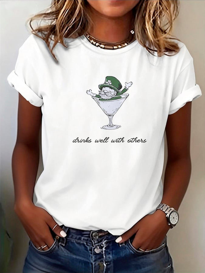 St Patrick's Day Drinks Well With Others T Shirt Leprechaun Cocktail Shirt Clover Tee Gift - TradiViet