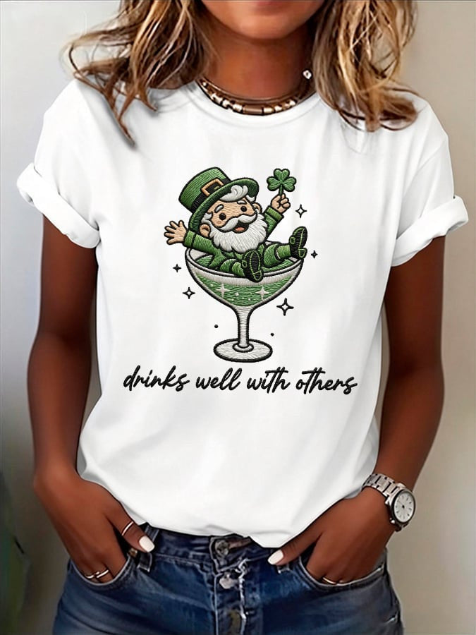  St Patrick's Day Drinks Well With Others T Shirt Leprechaun Martini Cocktail Shirt Irish Tee Gift - TradiViet