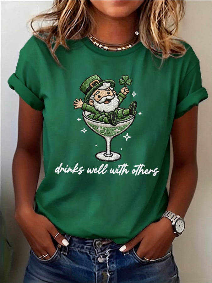  St Patrick's Day Drinks Well With Others T Shirt Leprechaun Martini Cocktail Shirt Irish Tee Gift - TradiViet