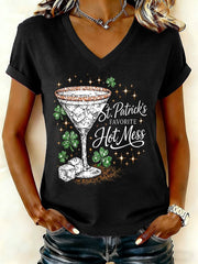  St Patrick's Day Favorite Hot Mess Cocktail V-Neck T-Shirt Sparkly Irish Party Gift - TradiViet