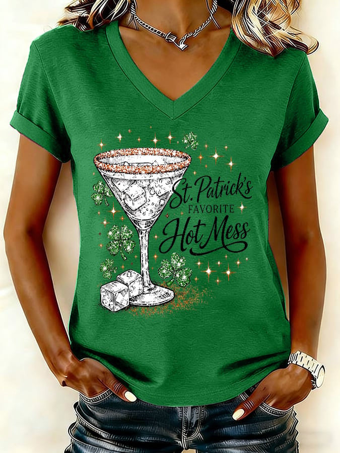 St Patrick's Day Favorite Hot Mess Cocktail V-Neck T-Shirt Sparkly Irish Party Gift - TradiViet