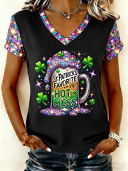  St Patrick's Day Favorite Hot Mess V-Neck T-Shirt Funny Glitter Shamrock Gift - TradiViet