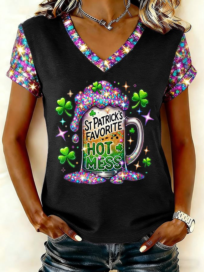  St Patrick's Day Favorite Hot Mess V-Neck T-Shirt Funny Glitter Shamrock Gift - TradiViet
