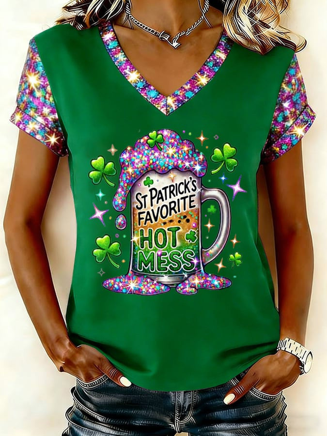  St Patrick's Day Favorite Hot Mess V-Neck T-Shirt Funny Glitter Shamrock Gift - TradiViet