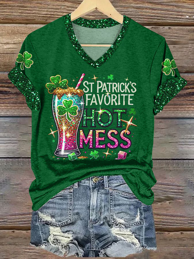  St Patrick's Day Favorite Hot Mess V-Neck T-Shirt Glitter Shamrock Party Gift - TradiViet