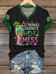  St Patrick's Day Favorite Hot Mess V-Neck T-Shirt Glitter Shamrock Party Gift - TradiViet
