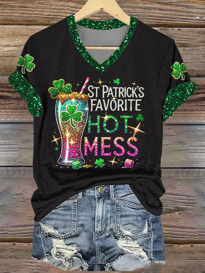  St Patrick's Day Favorite Hot Mess V-Neck T-Shirt Glitter Shamrock Party Gift - TradiViet