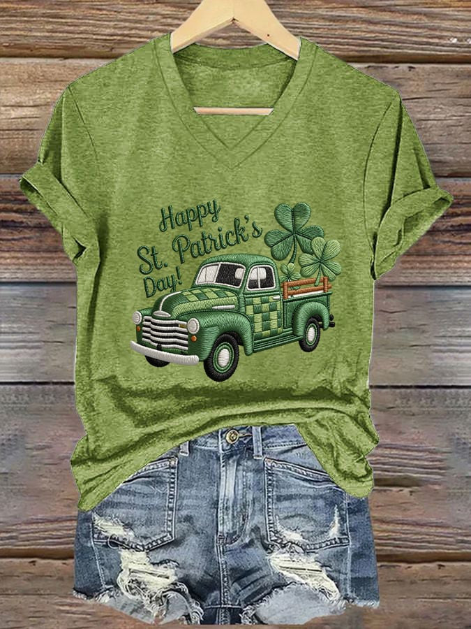  St Patrick's Day Green Shamrock Truck V-Neck T-Shirt St Patrick's Day Gift - TradiViet