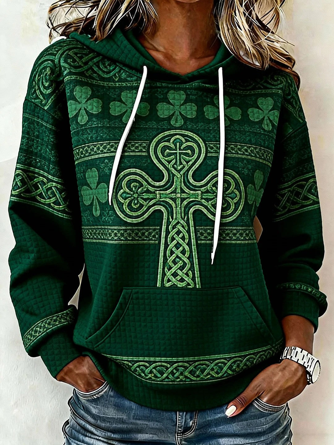 St Patrick's Day Hoodie Celtic Cross Shamrock Hooded Sweatshirt St Patty's Day Apparel For Her - Lilybirchmarket