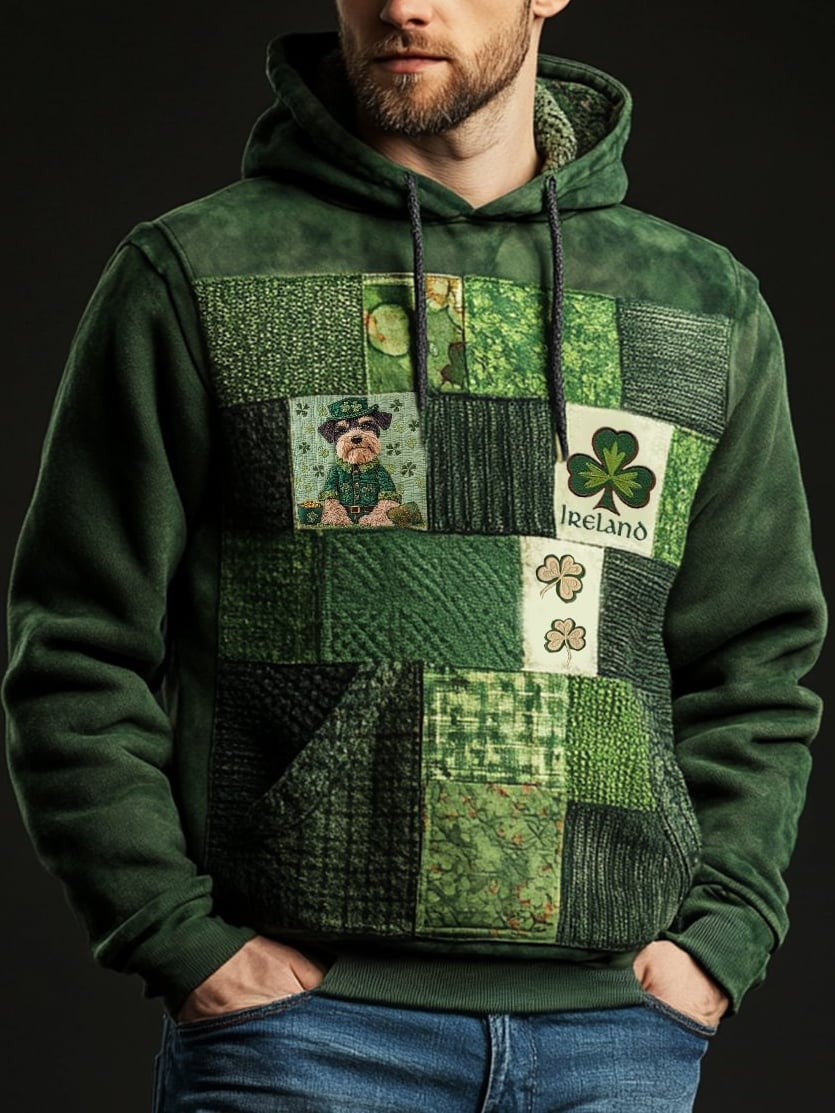 St Patrick's Day Hoodie Men's Shamrock Patchwork Hooded Sweatshirt Gift Ideas For Irish - Lilybirchmarket