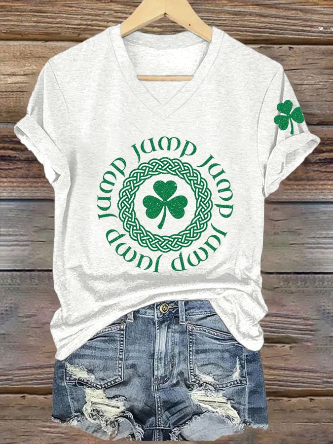  St Patrick's Day Jump Jump Shamrock V-Neck T-Shirt Fun Lucky Irish Gift - TradiViet