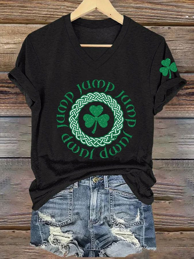  St Patrick's Day Jump Jump Shamrock V-Neck T-Shirt Fun Lucky Irish Gift - TradiViet