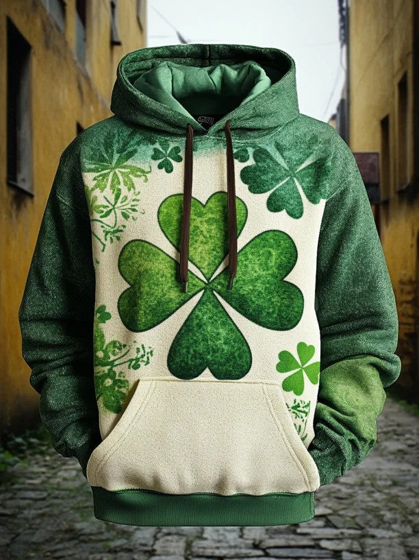 St Patricks Day Lucky Clover Patchwork Graphic Pocket Hoodie Irish Shamrock Saint Patrick's Day Gift Men - Lilybirchmarket