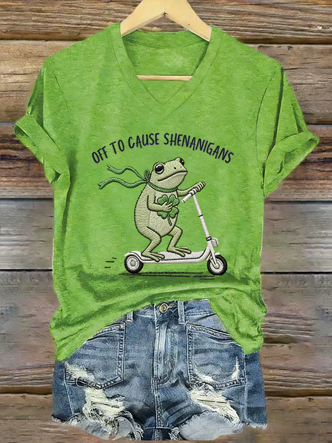  St Patrick's Day Off To Cause Shenanigans Frog V-Neck T-Shirt Cute Shamrock Fun Gift - TradiViet