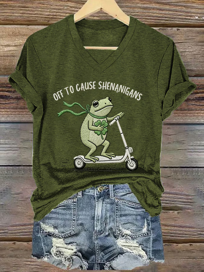  St Patrick's Day Off To Cause Shenanigans Frog V-Neck T-Shirt Cute Shamrock Fun Gift - TradiViet