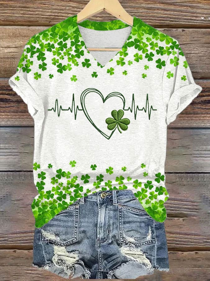  St Patrick's Day Season Heartbeat Irish V-Neck T-Shirt Sweet St Patrick Gift - TradiViet