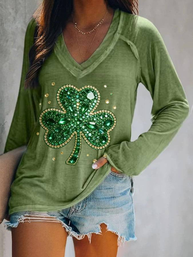  St Patrick's Day Shamrock Long Sleeve V-Neck T-Shirt Saint Patrick Shirts Gift Ideas For Her - TradiViet
