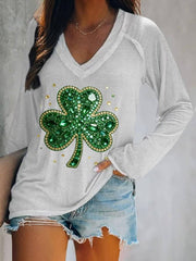  St Patrick's Day Shamrock Long Sleeve V-Neck T-Shirt St Pattys Clothes St Patty's Day Gift Ideas - TradiViet