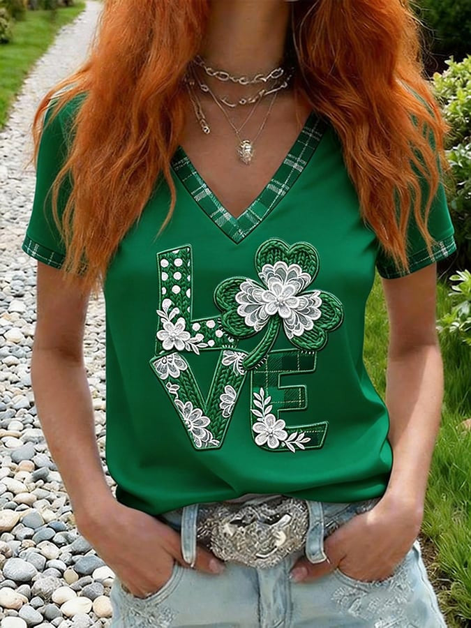  St Patrick's Day Shamrock Love V-Neck T-Shirt St Patrick's Day Gifts For Coworkers - TradiViet