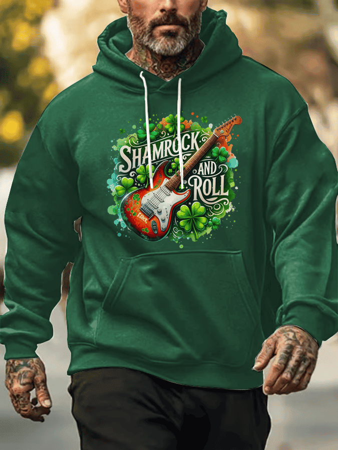 St Patrick's Day Shamrock N Roll Hoodie Mens Funny Paddy's Day Outfits Music Lovers Gifts - Lilybirchmarket