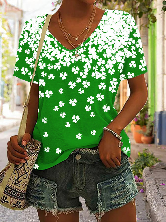  St Patrick's Day Shamrock V-neck T-Shirt Green Clover Clothing Gift For Women - TradiViet