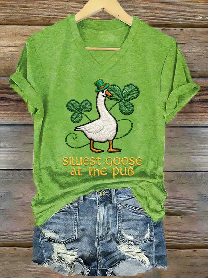  St Patrick's Day Silliest Goose At The Pub V-Neck T-Shirt Funny Shamrock Gift - TradiViet