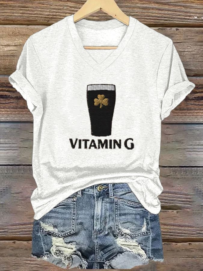  St Patrick's Day Vitamin G Beer Shamrock V-Neck T-Shirt Irish Gifts for Family - TradiViet