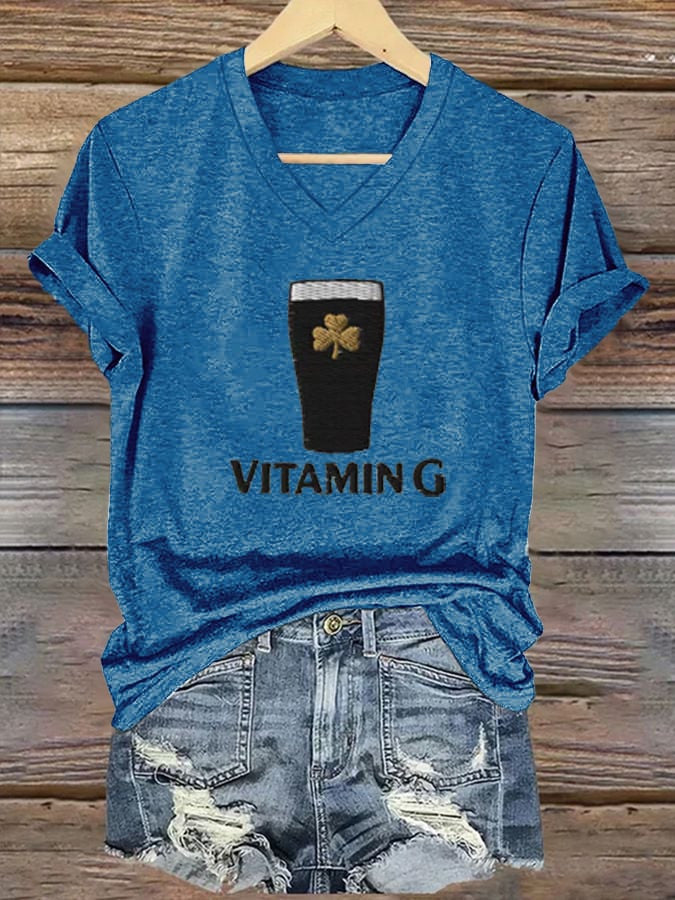  St Patrick's Day Vitamin G Beer Shamrock V-Neck T-Shirt Irish Gifts for Family - TradiViet