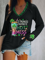  St Patrick's Favorite Hot Mess Long Sleeve V-neck T-Shirt St Pattys Shirt St Pattys Day Gifts - TradiViet
