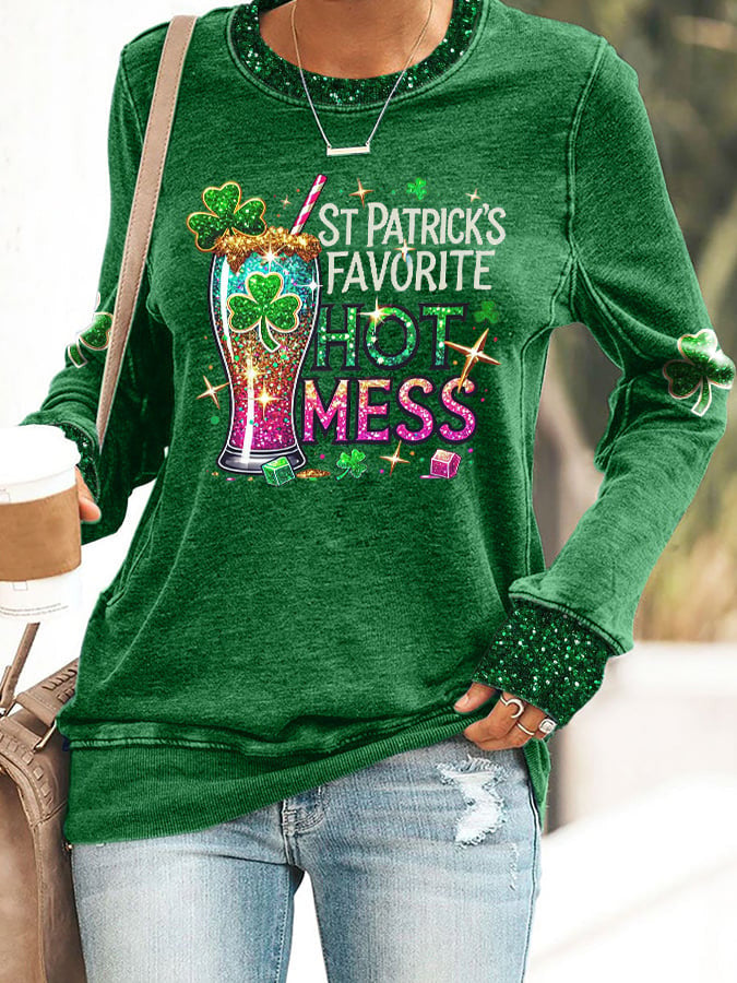  St Patrick's Favorite Hot Mess Sweatshirt Irish Beer St Patricks Clothes St Pattys Day Gifts - TradiViet