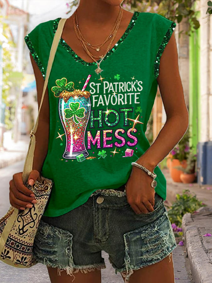  St Patrick's Favorite Hot Mess V-Neck Tank St Paddys Day Shirts St Patricks Day Gift Ideas - TradiViet